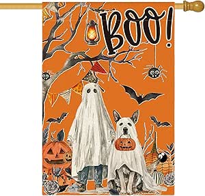 AVOIN colorlife Halloween Boo House Flag Ghost Dog Spooky 28x40 Inch Double Sided Outside, Orange Burlap Welcome Holiday Yard Outdoor Decorative Flag