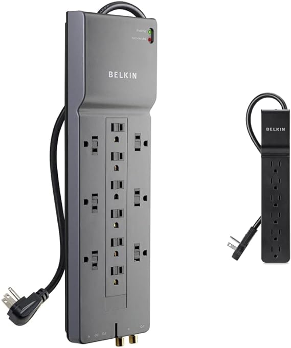Belkin Power Strip Surge Protector - 12 AC Multiple Outlets & 8 ft Long Flat Plug Heavy Duty Extension Cord for Home, Office, Travel (3,940 Joules) & 6-Outlet Surge Protector with 6-Feet Power Cord