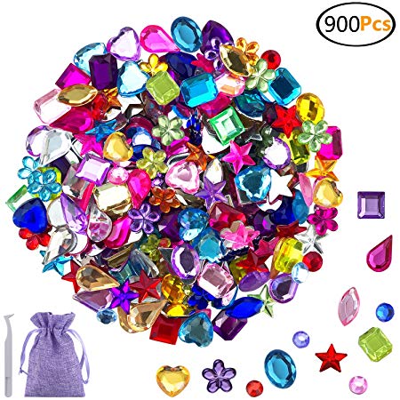 JPSOR 900 Pcs Gems Acrylic Flatback Rhinestones Gemstone Embellishments, 9 Shapes, 6-13mm, with Tweezers and Bag