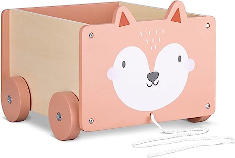 Navaris Kids Toy Box - Fox Wooden Chest for Childrens, Boys, Girls Toys with Wheels - Unisex Children Toys Games Bedroom Storage Trunk - Brown