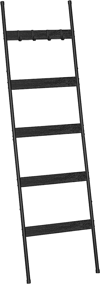 Blanket Ladder for Living Room, Farmhouse 5 -Tier Quilt Holder with 4 Removable Hooks for Bathroom, Black Wood Towel Rack Display, Wall Anchor Leaning Decorative Stand for Home Decor