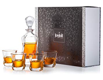 JoyJolt Aurora 5-Piece Crystal Whiskey Decanter Set,100% Lead-Free Crystal Bar Set, Crystal Decanter Set Comes With A Scotch Decanter-25.3 Ounces And A Set Of 4 Old Fashioned Whiskey Glasses-8.10oz