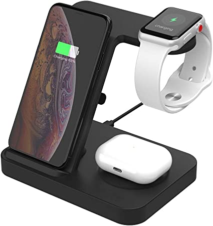 3 in 1 Wireless Charging Station SIKAI Wireless Charger Stand Compatible with AirPods Pro iWatch iPhone 11/11 Pro/11 Pro Max/XS Max/XS XR Plus Samsung S10 S9 S8 S7 Qi Phones (Black)