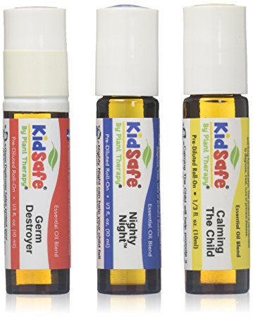 Plant Therapy Top 3 KidSafe Roll-On Set. 100% Pure, Therapeutic Grade Essential Oils Diluted in Coconut Oil. Includes: Germ Destroyer, Calming the Child and Nighty Night. 10 ml (1/3 oz) each.
