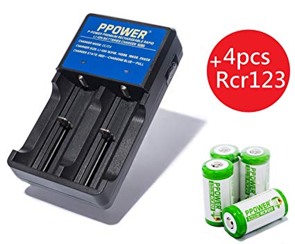 Ppower Pbe 4 Packs of 700mAh 3.7v Cr123a Li-ion Rechargeable Battery   2 Slots 3.7V Li-ion Charger (PI2)   Battery Boxes, CE Certified for Arlo Camera, Reolink Argus, Keen, etc