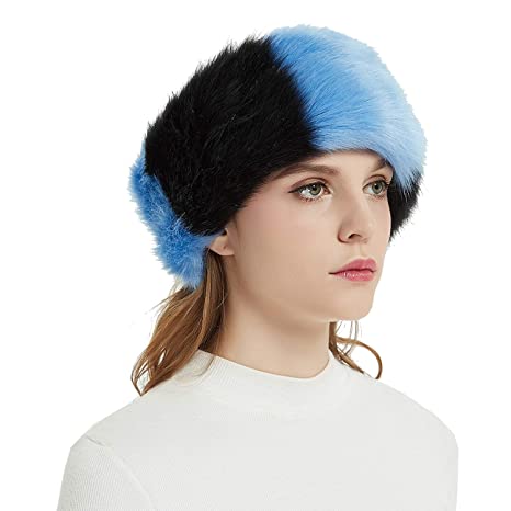 Faux Fur Headbands Outdoor Ear Warmers Earmuffs Ski Hat Winter Warm Elastic Hairbands Head Wraps for Women by Aurya(Black&Blue)