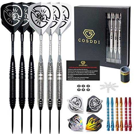COSDDI Professional Darts Set - 6 Steel Tip Darts, with Aluminum Shafts and Flights, Darts Barrels, Dart Sharpener and Beautiful Gift Box