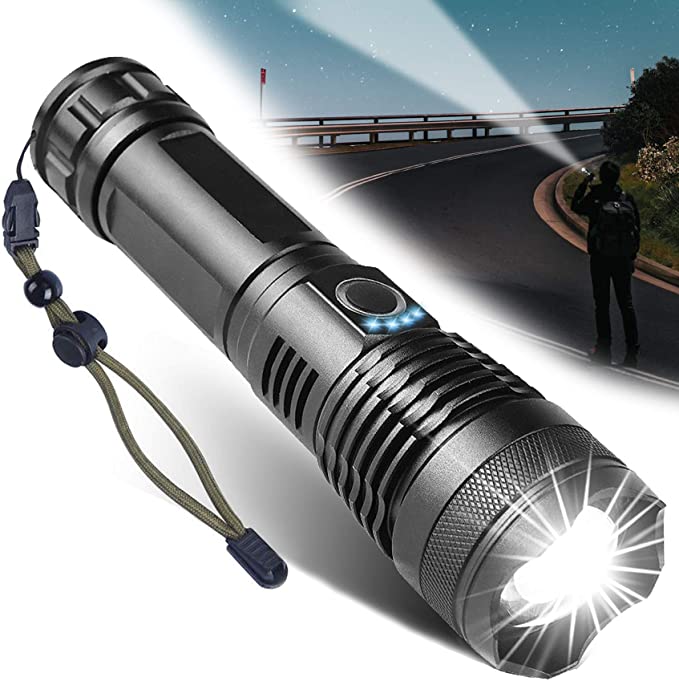 Rechargeable LED Flashlight, Super Bright Tactical Flashlights, 10000 High Lumen Flashlights, 5 Modes Zoomable Flashlights, Waterproof Flashlight, for Camping, Outdoor Activities and Emergencies