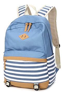 Geek-M Canvas Backpack Nautical Striped School Rucksack Satchel for Teens Girls (C8893 Light Blue)
