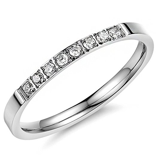 Women 2mm Titanium Stainless Steel Cubic Zirconia CZ Inlay White Gold Ring Wedding Engagement Silver Band