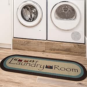 Ottomanson Laundry Collection Non-Slip Rubberback Bordered Design 2x5 Laundry Room Runner Rug, 20" x 59" Oval, Beige