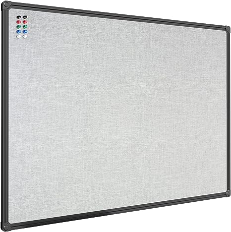 JILoffice Cork Linen Bulletin Board 36 X 24 Inch (Grey), Black Aluminum Frame Wall Mounted Board Memo Pin Board for Office Home and School