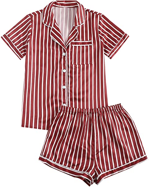 Floerns Women's 2 Piece Satin Striped Notched Collar Button Front Short Pajama Set