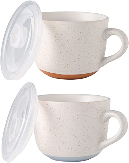 AmorArc Ceramic Soup Mugs with Lid, 24 oz Soup Cups with Hanlde for Coffee,Cereal,Salad,Noodles,Tea,Soup Bowls Cups,Microwave &Dishwasher Safe, Set of 2,Speckled Outside with Vented lid