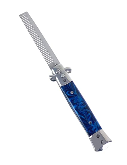 Switchblade Comb Pocket Knife Hair Brush Automatic Push Button Folding Barber (Blue Marble)