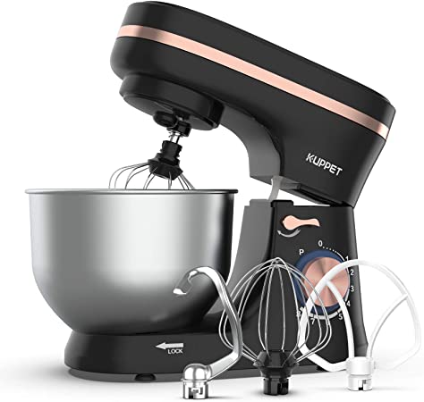 KUPPET Stand Mixer, 8-Speed Tilt-Head Electric Food Stand Mixer with Dough Hook, Wire Whip & Beater, Pouring Shield, 4.7QT Stainless Steel Bowl - Black (with Rose Gold Strip)