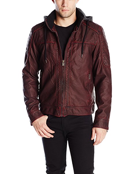 X-Ray Men's Slim Fit Faux-Leather Moto Jacket with Removable Hood