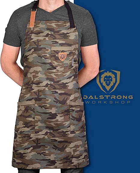 Dalstrong Professional Chef's Kitchen Apron - 4 Storage Pockets - Liquid Repellent Coating - Genuine Leather Accents - Adjustable Straps (The Kitchen Rambo - 100% Poly-Cotton Camouflage)