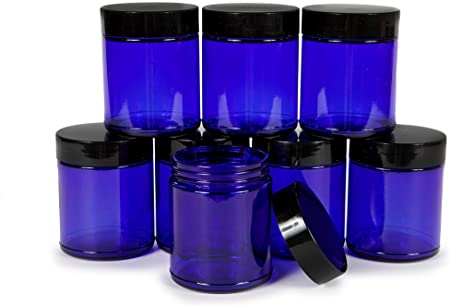 Vivaplex, Cobalt Blue, 8 ounce, Round Glass Jars, with Black Lids - 8 pack
