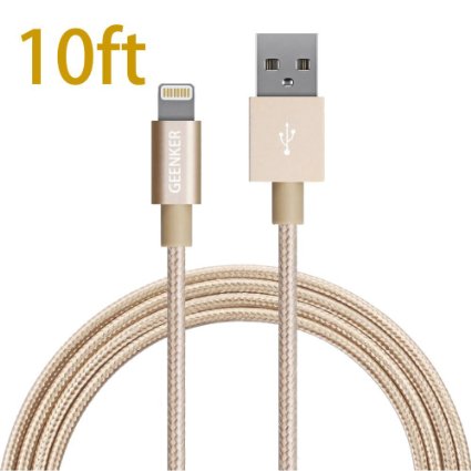 Lightning Cable, GEENKER 10ft/3M Nylon Braided 8pin Charging Cable Extra Long USB Cord for iphone se, 6s, 6s plus, 6plus, 6,5s 5c 5,iPad Mini, Air,iPad5,iPod on iOS9 - Gold