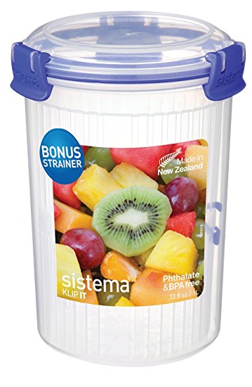 Sistema Klip It Collection Round Food Storage Container with Strainer, 33.8 Ounce/4.2 Cup