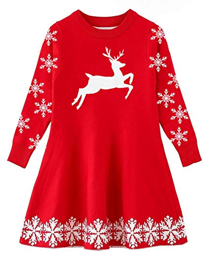 UNIFACO Little Girls Christmas Sweater Dress Santa Reindeer Xmas Gifts Winter Knit Long Sleeve Dresses 2-9T