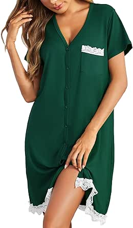 Ekouaer Women Striped Nightgowns Button Down Sleepshirts Short Sleeves Nightshirts