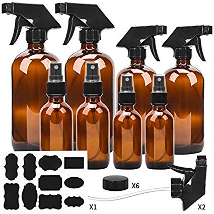 Glass Spray Bottle, ESARORA Amber Glass Spray Bottle Set - Essential Oils - Cleaning Products - Aromatherapy (16OZ x 2, 8OZ x 2, 4OZ x 2, 2OZ x 2)