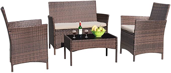 Greesum GS-4RCS8BG 4 Pieces Patio Outdoor Rattan Furniture Sets, Brown and Beige