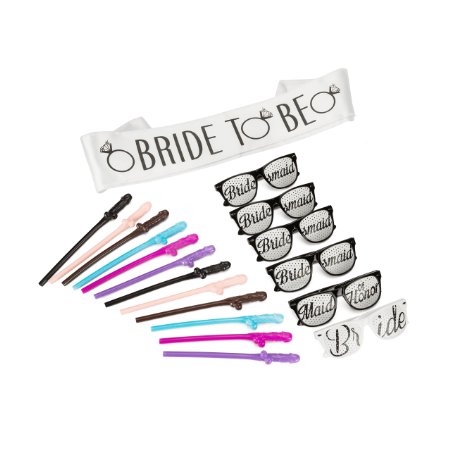 Naughty Girl Bachelorette Party Favors Set - Includes Set of 12 Multi-Colored Penis Sipping Straws, 6 Bachelorette Party Glasses and Comfortable, Elegant Bridal Sash by LOCO FIESTA