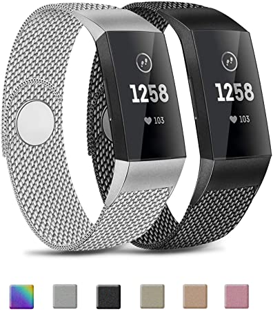 Pack 2 Metal Loop Bands Compatible with Fitbit Charge 4 / Charge 3 / Charge 3 SE Bands, Stainless Steel Magnetic Replacement Metal Band (Black   Silver, Large)