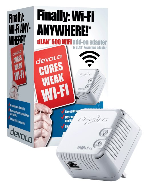 Devolo dLAN 500 Wi-Fi Add-On Powerline Adapter, Wi-Fi signal Booster (500 Mbps, 1 LAN Port, Wi-Fi Extender, PLC, Wi-Fi Repeater, Small, Wi-Fi Adapter, Wi-Fi Move, Power Save) - White