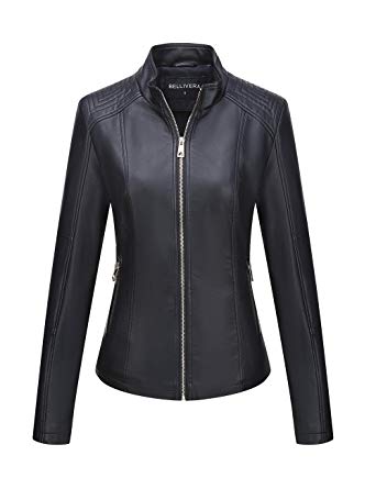 Bellivera Women's Faux Leather Jacket，Moto Casual Short Coat for Spring and Fall