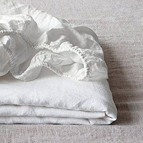 King Linens 100%Linen Solid Color Simple Fitted Sheets Twin Full Queen King (Full, White)