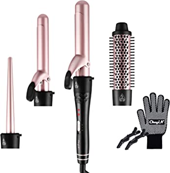 CkeyiN 4 in 1 Curling Wand Set, Curling Iron with Curling Brush and 3 Interchangeable Ceramic Curling Wand 0.35-1.25 inch for All Hairstyle, Instant Heat Up, Include Heat Protective Glove & 2 Clips