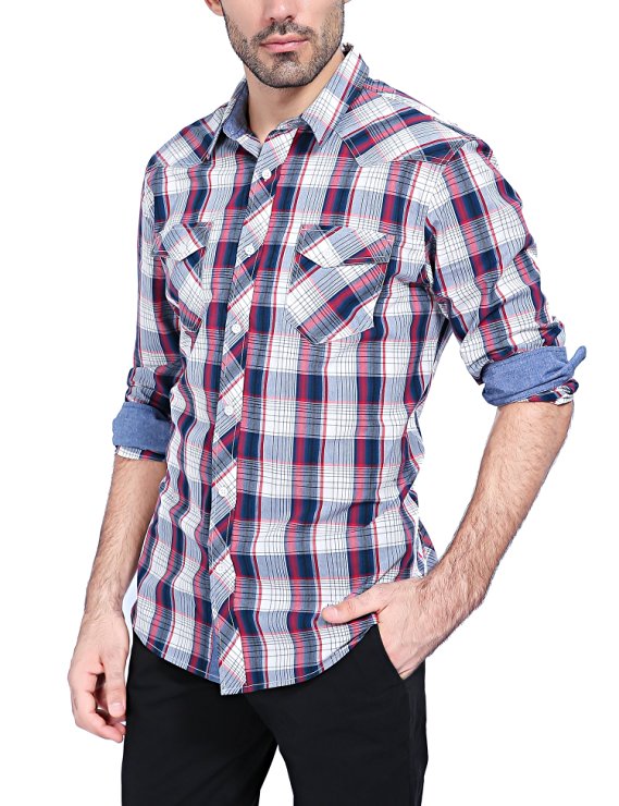 Mens Plaid Casual Dress Shirt Long Sleeve Button Down Shirts (Red/Blue/Burgundy)