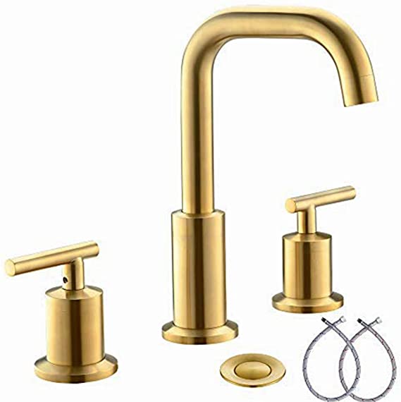 2 Handles 8 Inch Widespread BathroomFaucets, Brushed Gold Bathroom Sink Faucet with Valve and Metal Pop-Up Drain by Phiestina，WF02-1-BG