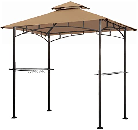 Eurmax 5x8 Grill Gazebo Shelter for Patio and Outdoor Backyard BBQ's, Double Tier Soft Top Canopy and Steel Frame with Bar Counters, Bonus LED Light X2(Dark Beige)