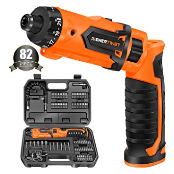 Enertwist Cordless Screwdriver, 8V Max Electric Screwdriver Rechargeable Set with 82 Accessory Kit and Charger in Carrying Case, 21 1 Cluth, 62 In.lbs Torque, Dual Position Handle, LED Light, ET-CS-8