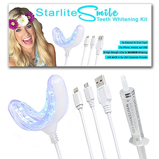 Teeth Whitening Kit with Light by Starlite Smile - 3 Adapters iPhone, Android, USB, MADE IN THE USA 44% Carbamide Peroxide Gel.