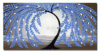 Wieco Art - Blue leaves Extra Large Modern Gallery Wrapped Abstract Flowers Artwork 100% Hand Painted Floral Oil Paintings on Canvas Wall Art Ready to Hang for Living Room Home Decor XL