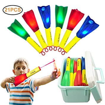 US Sense 21 Pack LED Foam Finger Rockets Slingshot Toys for Boys Girls Party Favors Gift with Storage Box,Fun Outdoor Group Camping Beach Garden Pool Games