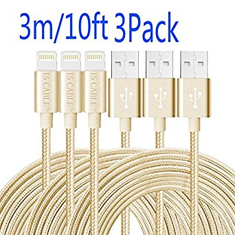 iPhone Cable,I5 Cable(TM) Nylon Braided Lightning To USB Cable iPhone Charger for iPhone 7/7 plus 6/6s/6 plus/6s plus,Se,5/5s,iPads Air/Mini,iPod (10Foot 3-Pack Gold)