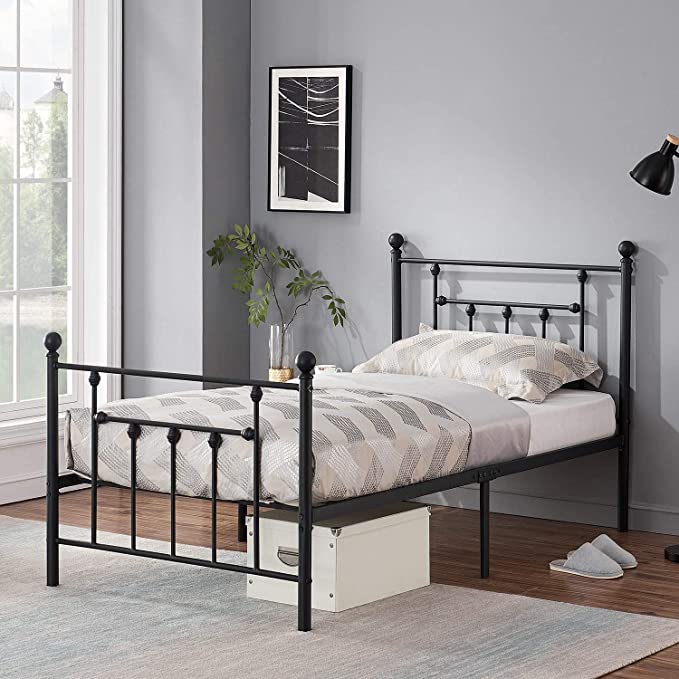 VECELO Twin Size Metal Platform Bed Frame with Headboard and Footboard, Sturdy Steel Slat Support / No Box Spring Needed Mattress Foundation/ Easy Assemble，Victorian Style,Matte Black