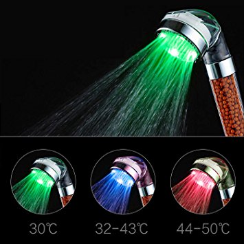 LED Shower Head, HWTONG Handheld Shower Head, Negative Ionic Double Filter Removes Heavy Metals, Chlorine, Bacteria and Impurities, emperature Sensor 3 Color Changing[Large]