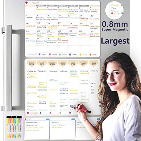 KYONANO Magnetic Dry Erase Calendar for Refrigerator 3 Pack, Calendar Whiteboard with 6 Fine Point, Non-Slip Large Family Kitchen Fridge Calendar for Monthly, Weekly, Daily Schedule