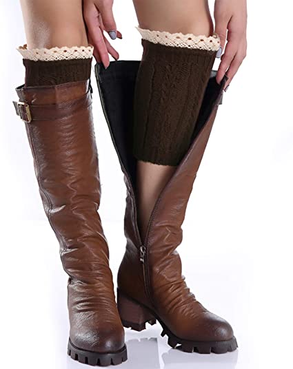 Avidlove Women Socks Knit Crochet Boot Cuffs Hollow Out Leg Warmers with Lace Trim