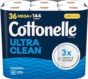 Cottonelle Ultra Clean Toilet Paper, Strong Toilet Tissue, 36 Mega Rolls (36 Mega Rolls = 144 Regular Rolls), 284 Sheets Per Roll