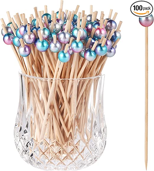 ALINK 100-Pack Cocktail Picks for Drinks Appetizers, Rainbow Wooden Toothpicks Cocktail Sticks Party Supplies - 4.72 inch