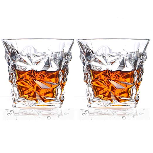 Crystal Diamond Quality Heavy Whiskey Glass Old Fashioned Glass Rocks Liquor for Scotch Cocktail Bourbon Rocks Tumbler Glass for Home Bars Set of 2, 10 Ounce